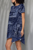 Casual Faux Denim Print O Neck Short Sleeve Irregular Hem Mini T-shirt Dress