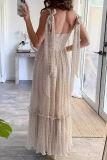 Polka Dot Print Sleeveless Square Neck Lace Up Ruffle Hem Vacation A Line Pleated Maxi Slip Summer Dresses