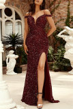 Formal Sequins Backless Sleeveless Spaghetti Strap Front Slit Mermaid Hem Evening Wedding Guest Party Evening Maxi Dresses