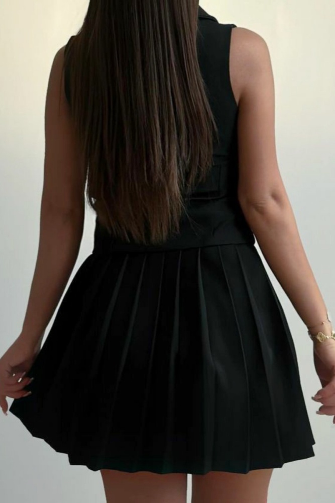 Turndown Collar Sleeveless Blazer Vest And Pleated Mini Skirt Formal Party Evening Two Pieces Suit Sets