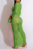 Sequins Long Sleeve O Neck See-Through Cut Out Beach Vacation Crochet Knitted Maxi Dresses