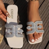 Casual Rhinestone Decor Square Slip On Flat Toe Sandals