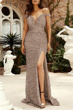 Formal Sequins Backless Sleeveless Spaghetti Strap Front Slit Mermaid Hem Evening Wedding Guest Party Evening Maxi Dresses
