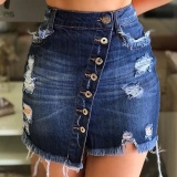 Casual Buckle High Waist Skinny Distressed Ripped Denim Mini Skirts