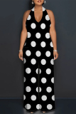 Casual Polka Dot Ripple Print Backless Sleeveless Lace Up Loose Vacation Halter Wide Leg Jumpsuits