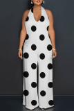 Casual Polka Dot Ripple Print Backless Sleeveless Lace Up Loose Vacation Halter Wide Leg Jumpsuits