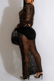 Sequins Long Sleeve O Neck See-Through Cut Out Beach Vacation Crochet Knitted Maxi Dresses