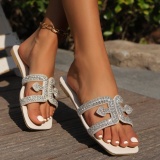 Casual Rhinestone Decor Square Slip On Flat Toe Sandals