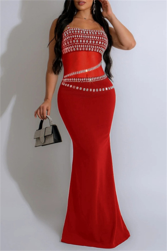 Hot Drilling Sleeveless Backless See-Through Spaghetti Strap Mermaid Hem Long Formal Party Evening Wedding Guest Bodycon Maxi Dresses