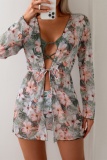 Floral Print Backless Sleeveless Belted Bra And Mini Shorts Bikini Sets Cover Up Longline Cardigan Beach Vacation Swimwears