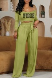 Casual Letter Print O Neck Long Sleeve Crop Tops And Wide Leg Pants Two Pieces Trouser Sets