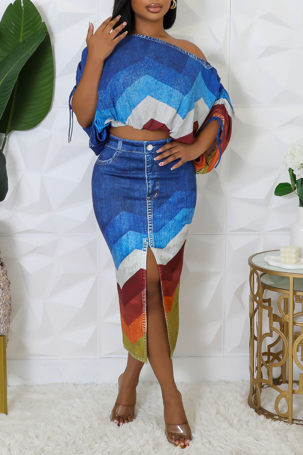 Colorblock Crop Top & Slit Skirt Set--Clearance