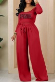 Casual Letter Print O Neck Long Sleeve Crop Tops And Wide Leg Pants Two Pieces Trouser Sets