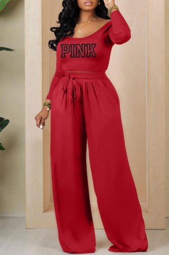 Casual Letter Print O Neck Long Sleeve Crop Tops And Wide Leg Pants Two Pieces Trouser Sets