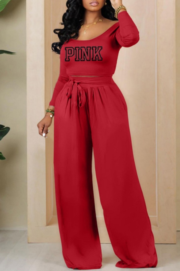 Casual Letter Print O Neck Long Sleeve Crop Tops And Wide Leg Pants Two Pieces Trouser Sets