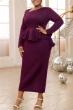 Formal Oblique Collar Long Sleeve Ruffle Hem Party Evening Plus Size Bodycon Maxi Mother Of the Bride Dress