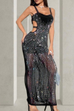 Hot Drill Backless Sleeveless Hollow Out Square Neck Long Formal Party Evening Wedding Lace Mesh Bodycon Maxi Dresses