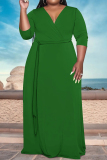 Casual V Neck Half Sleeve Belted Long Floor Length Baggy Vacation Maxi Dresses