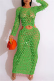Sequins Long Sleeve O Neck See-Through Cut Out Beach Vacation Crochet Knitted Maxi Dresses