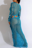 Sequins Long Sleeve O Neck See-Through Cut Out Beach Vacation Crochet Knitted Maxi Dresses