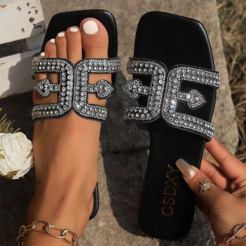 Casual Rhinestone Decor Square Slip On Flat Toe Sandals