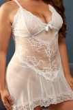 Lace Flower Print Sleeveless Backless See-Through Spaghetti Strap Plus Size Sleepwear Cami Lingerie Mesh Dress Set