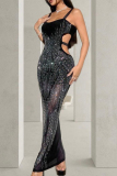 Hot Drill Backless Sleeveless Hollow Out Square Neck Long Formal Party Evening Wedding Lace Mesh Bodycon Maxi Dresses