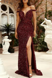 Formal Sequins Backless Sleeveless Spaghetti Strap Front Slit Mermaid Hem Evening Wedding Guest Party Evening Maxi Dresses