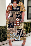 Casual Boho Geometric Print Basic V Neck Short Sleeve Loose Pockets Midi T-Shirt Dress