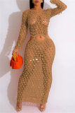 Sequins Long Sleeve O Neck See-Through Cut Out Beach Vacation Crochet Knitted Maxi Dresses