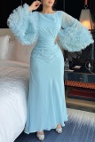 Formal Ruffle Tiered Puff Long Sleeves O Neck Long Arabia Evening Gowns Party Chiffon Prom Maxi Dresses