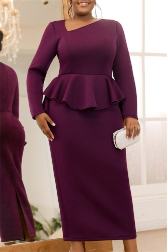 Formal Oblique Collar Long Sleeve Ruffle Hem Party Evening Plus Size Bodycon Maxi Mother Of the Bride Dress