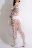 Sequins Long Sleeve O Neck See-Through Cut Out Beach Vacation Crochet Knitted Maxi Dresses