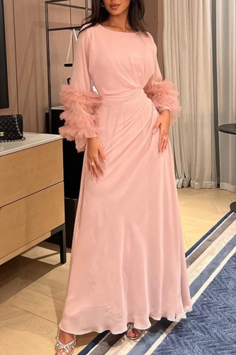 Formal Ruffle Tiered Puff Long Sleeves O Neck Long Arabia Evening Gowns Party Chiffon Prom Maxi Dresses