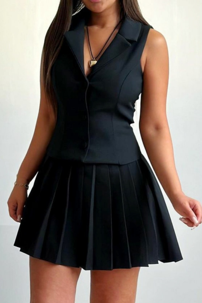 Turndown Collar Sleeveless Blazer Vest And Pleated Mini Skirt Formal Party Evening Two Pieces Suit Sets
