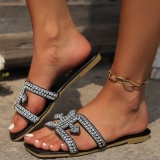 Casual Rhinestone Decor Square Slip On Flat Toe Sandals