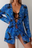 Floral Print Backless Sleeveless Belted Bra And Mini Shorts Bikini Sets Cover Up Longline Cardigan Beach Vacation Swimwears