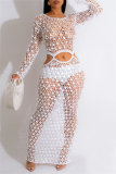 Sequins Long Sleeve O Neck See-Through Cut Out Beach Vacation Crochet Knitted Maxi Dresses