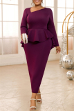 Formal Oblique Collar Long Sleeve Ruffle Hem Party Evening Plus Size Bodycon Maxi Mother Of the Bride Dress