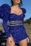 Sequins Shinny Square Neck Puff Sleeve Slit Wrapped Skirt Formal Party Evening Homecoming Bodycon Mini Dresses