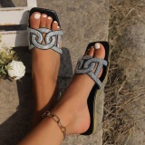 Casual Rhinestone Decor Square Slip On Flat Toe Sandals