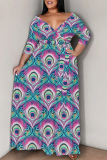 Geometric Print V Neck 3/4 Sleeve Floor Length Vacation Long Loose Maxi Dress