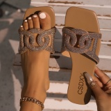 Casual Rhinestone Decor Square Slip On Flat Toe Sandals