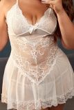 Lace Flower Print Sleeveless Backless See-Through Spaghetti Strap Plus Size Sleepwear Cami Lingerie Mesh Dress Set