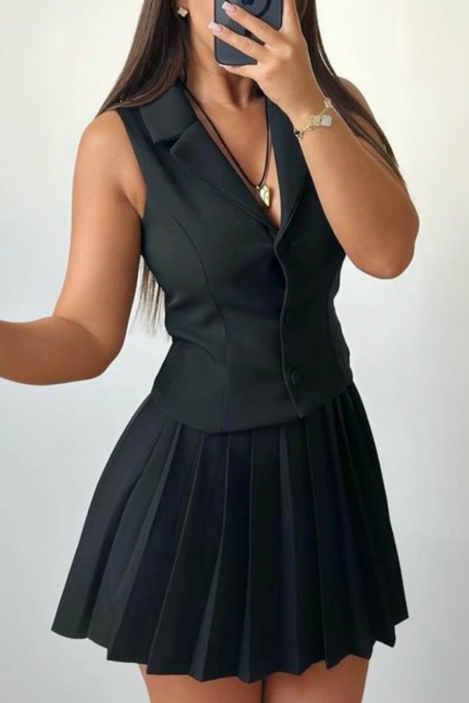 Turndown Collar Sleeveless Blazer Vest And Pleated Mini Skirt Formal Party Evening Two Pieces Suit Sets