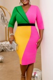 Formal Colorblock Print V Neck Long Sleeve Cinch Waist Plus Size Bodycon Midi Mother Of the Bride Dress