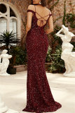 Formal Sequins Backless Sleeveless Spaghetti Strap Front Slit Mermaid Hem Evening Wedding Guest Party Evening Maxi Dresses