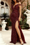 Formal Sequins Backless Sleeveless Spaghetti Strap Front Slit Mermaid Hem Evening Wedding Guest Party Evening Maxi Dresses