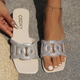 Casual Rhinestone Decor Square Slip On Flat Toe Sandals
