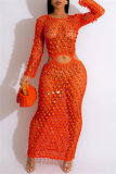 Sequins Long Sleeve O Neck See-Through Cut Out Beach Vacation Crochet Knitted Maxi Dresses